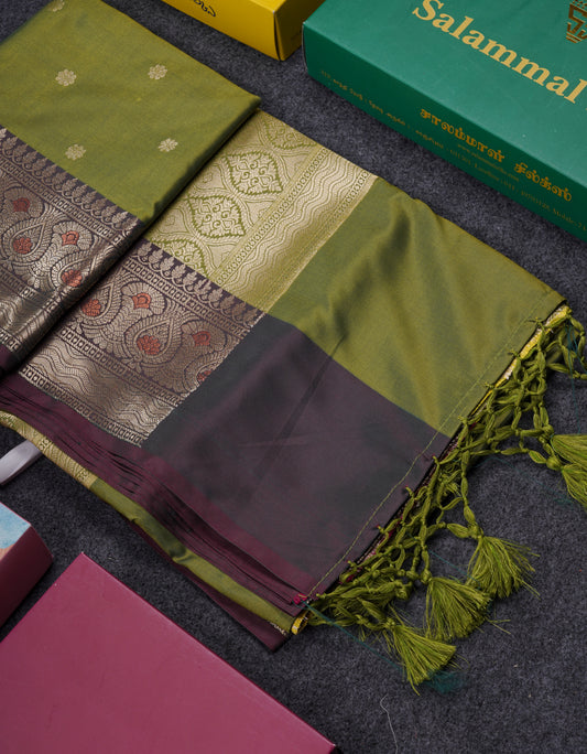 Dual Tone Army Green Fancy Semi Soft Silk Saree With Dark Violet Menakari Border
