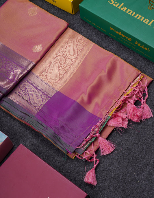 Dual Tone Pink Fancy Semi Soft Silk Saree With Contrast Purple Border