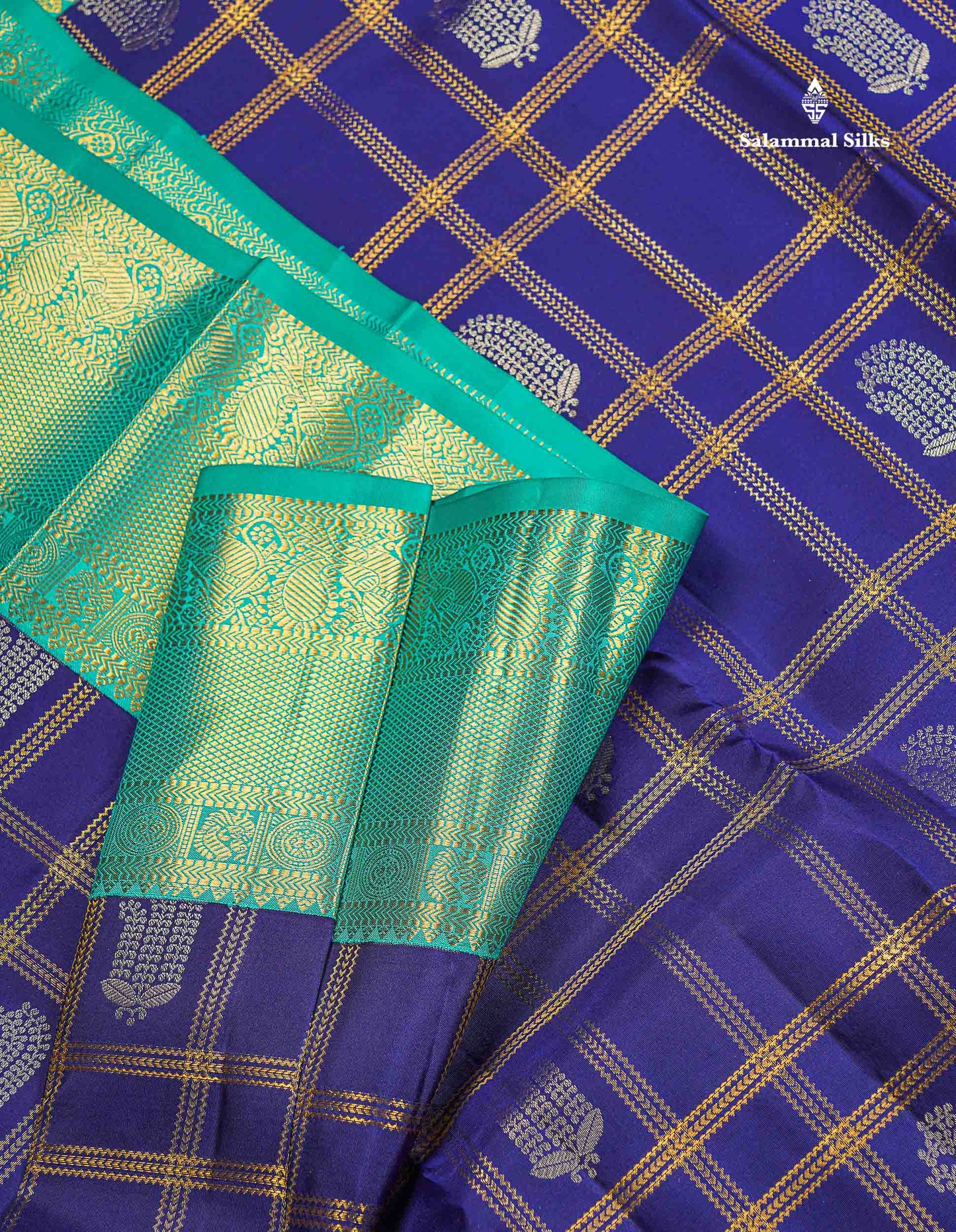 Korvai Pure Kanjivaram Silk Saree - Navy Blue Colour Body Checks With Butta & Contrast Teal Green Traditional Border