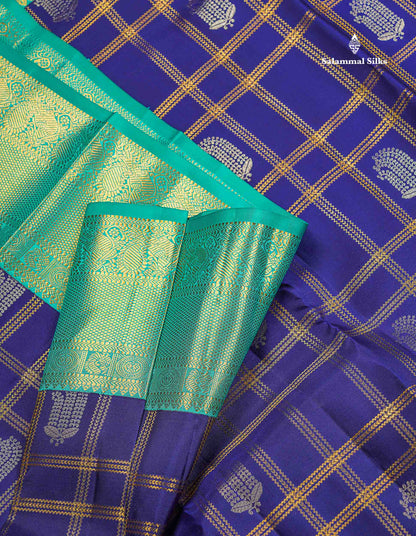 Korvai Pure Kanjivaram Silk Saree - Navy Blue Colour Body Checks With Butta & Contrast Teal Green Traditional Border