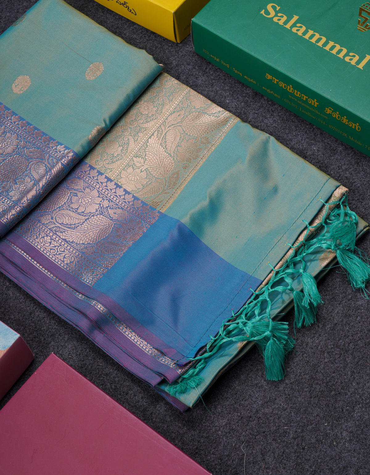 Dual Tone Pastel Blue Fancy Semi Soft Silk Saree With Contrast Purple Border