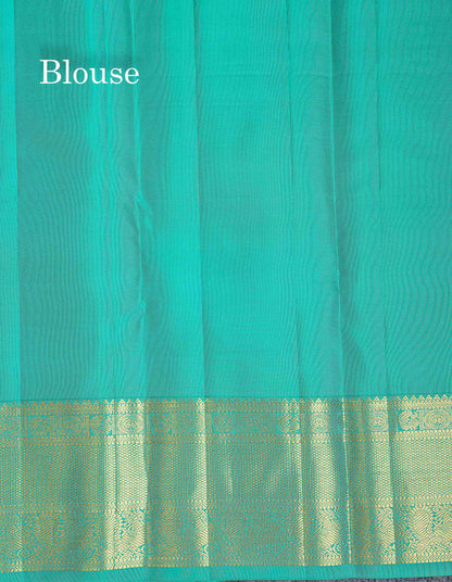 Korvai Pure Kanjivaram Silk Saree - Navy Blue Colour Body Checks With Butta & Contrast Teal Green Traditional Border