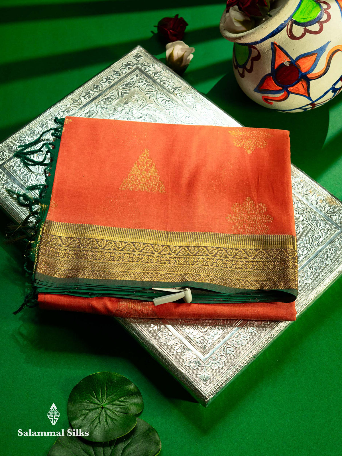 Beautiful Peach Cotton Mix Saree With Contrast Saffire Green Traditional Border