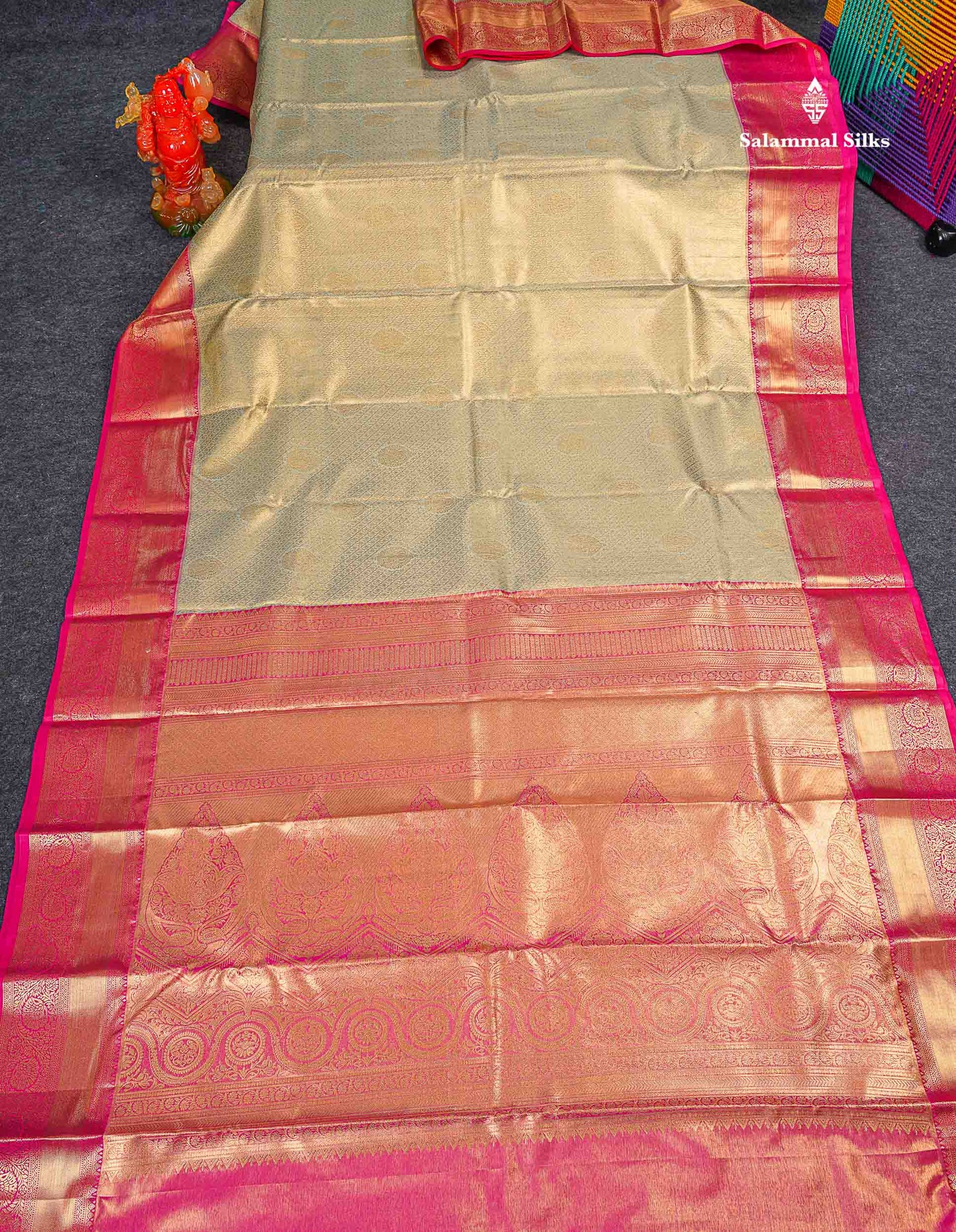 Bridal Semi Silk Saree - Cream Green Colour Body Tissue With Contrast Pink Border 