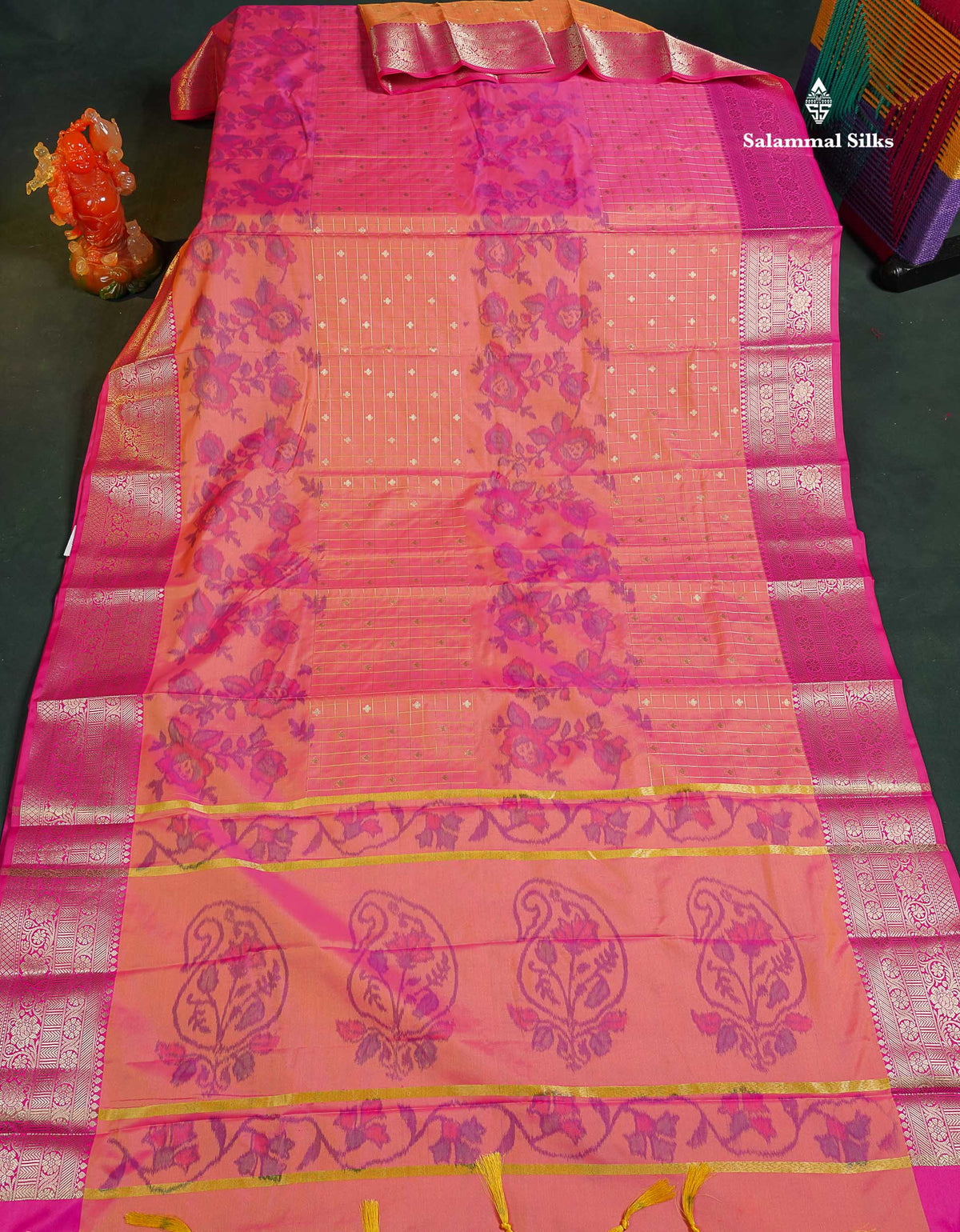 Semi Silk Saree - Pinkish Orange Colour Body Pochampally Design With Pink Border