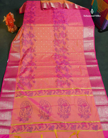 Semi Silk Saree - Pinkish Orange Colour Body Pochampally Design With Pink Border