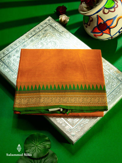 Mustard Yellow Beautiful Pure Cotton Saree With Green Temple Border
