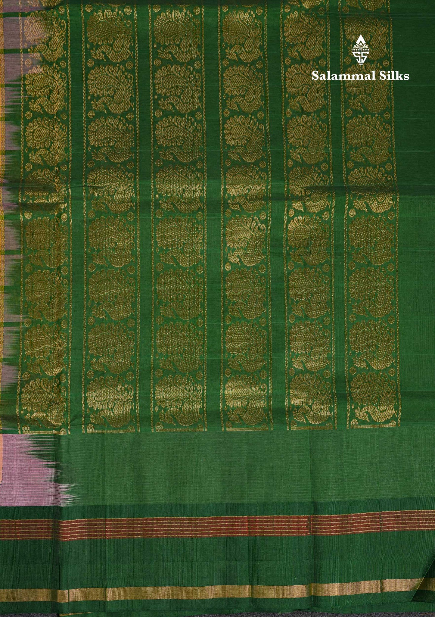 Beautiful Dual Tone Pinkish Peach Checks With Butta Silk Cotton Saree With Contrast Bottle Green Traditional Temple & Gap Border