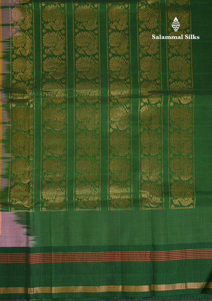 Beautiful Dual Tone Pinkish Peach Checks With Butta Silk Cotton Saree With Contrast Bottle Green Traditional Temple & Gap Border