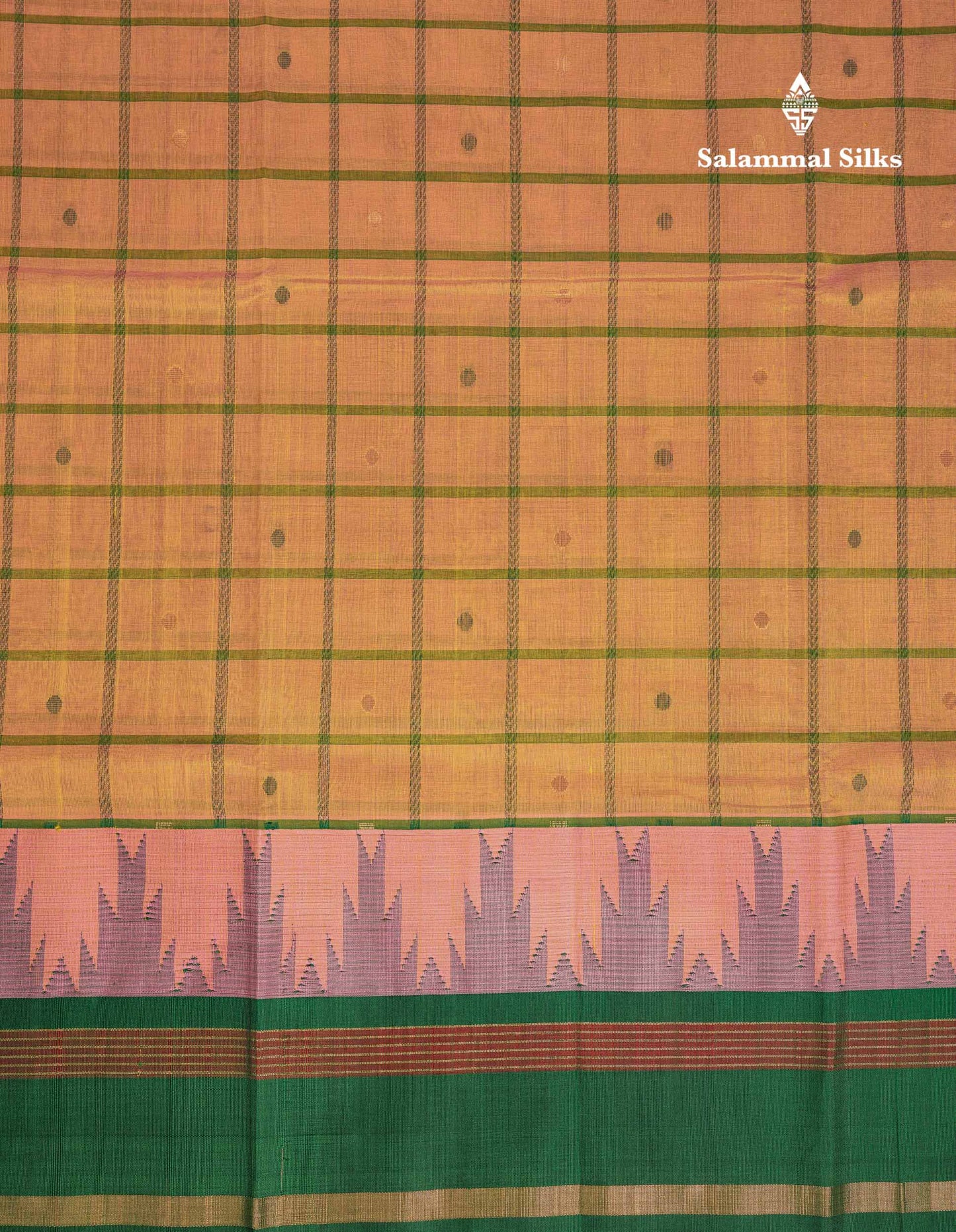Beautiful Dual Tone Pinkish Peach Checks With Butta Silk Cotton Saree With Contrast Bottle Green Traditional Temple & Gap Border