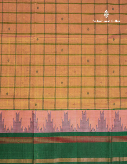 Beautiful Dual Tone Pinkish Peach Checks With Butta Silk Cotton Saree With Contrast Bottle Green Traditional Temple & Gap Border