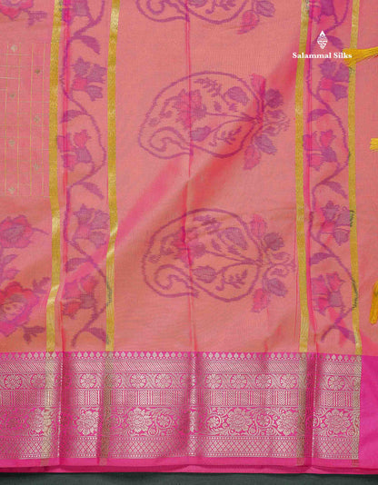 Semi Silk Saree - Dual Tone Blue Colour Body Pochampally Design With Contrast Pink Blouse