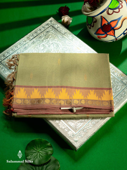 Beautiful Light Elaichi Green Pure Cotton Saree With Traditional Temple Border