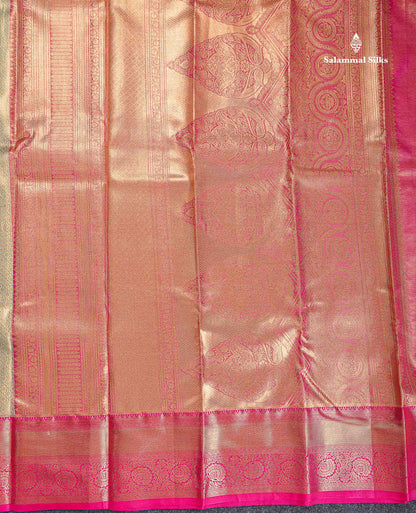 Bridal Semi Silk Saree - Cream Green Colour Body Tissue With Contrast Pink Border