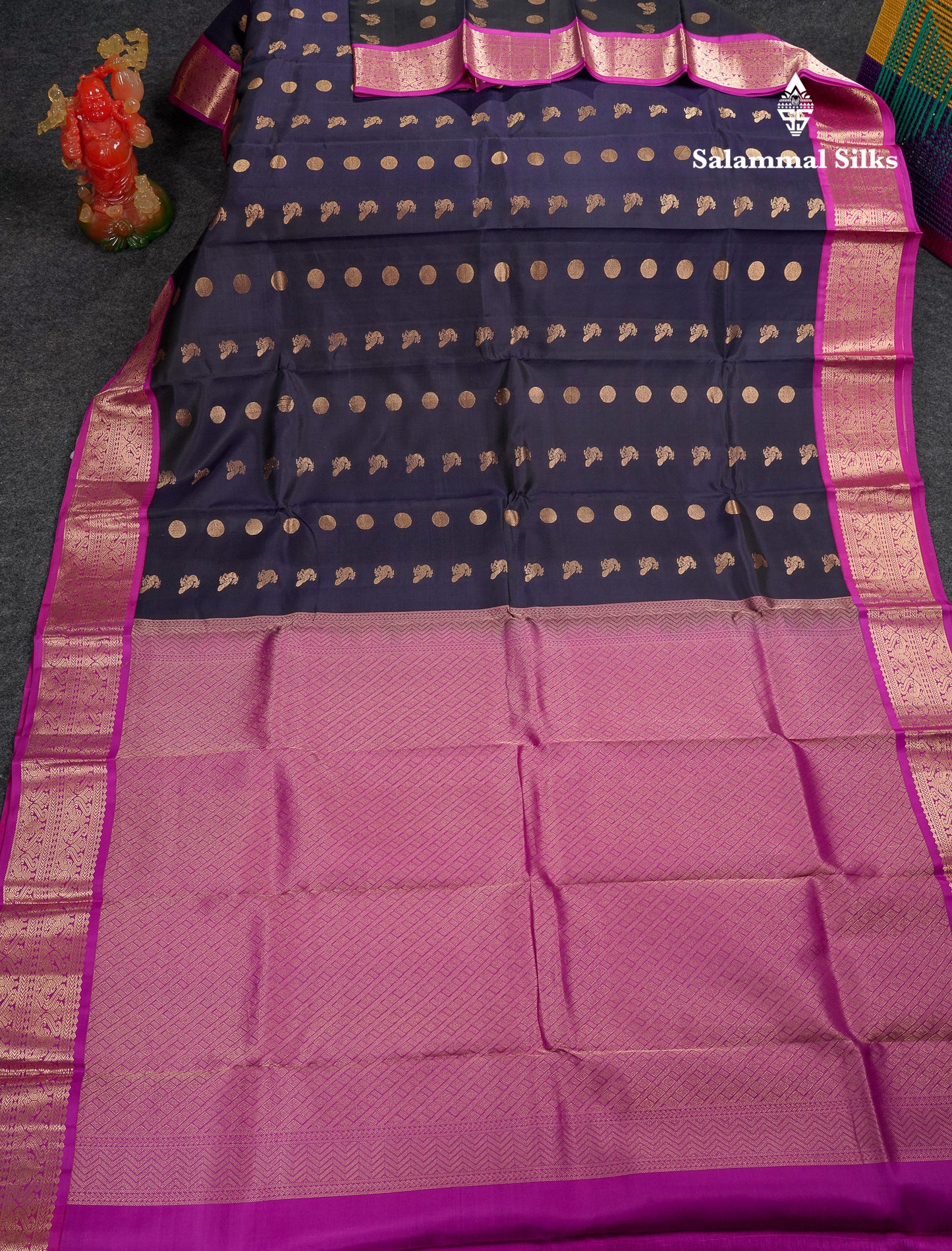 Beautiful Dark Navy Blue Pure Kanjivaram Silk Saree With Contrast Purple Traditional Border