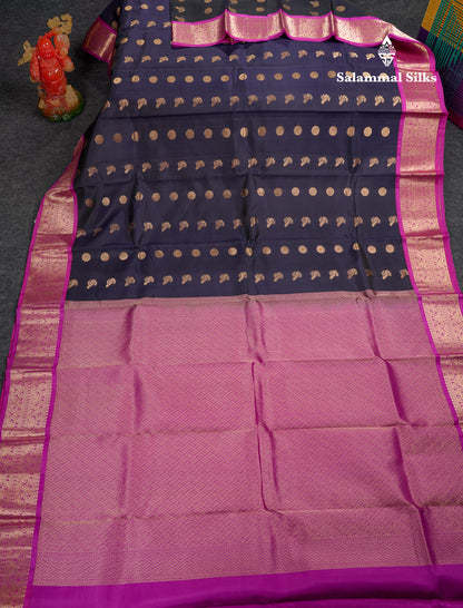Beautiful Dark Navy Blue Pure Kanjivaram Silk Saree With Contrast Purple Traditional Border