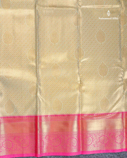 Bridal Semi Silk Saree - Cream Green Colour Body Tissue With Contrast Pink Border