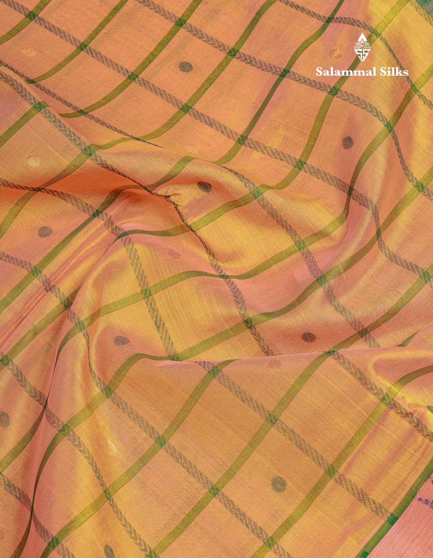 Beautiful Dual Tone Pinkish Peach Checks With Butta Silk Cotton Saree With Contrast Bottle Green Traditional Temple & Gap Border
