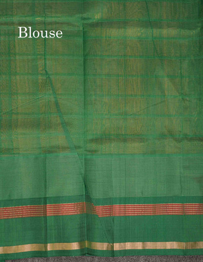 Beautiful Dual Tone Pinkish Peach Checks With Butta Silk Cotton Saree With Contrast Bottle Green Traditional Temple & Gap Border