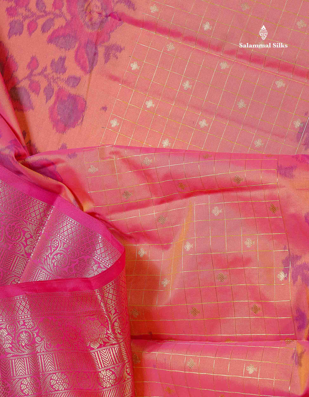 Semi Silk Saree - Dual Tone Blue Colour Body Pochampally Design With Contrast Pink Blouse