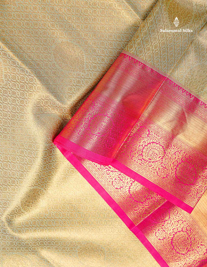 Bridal Semi Silk Saree - Cream Green Colour Body Tissue With Contrast Pink Border