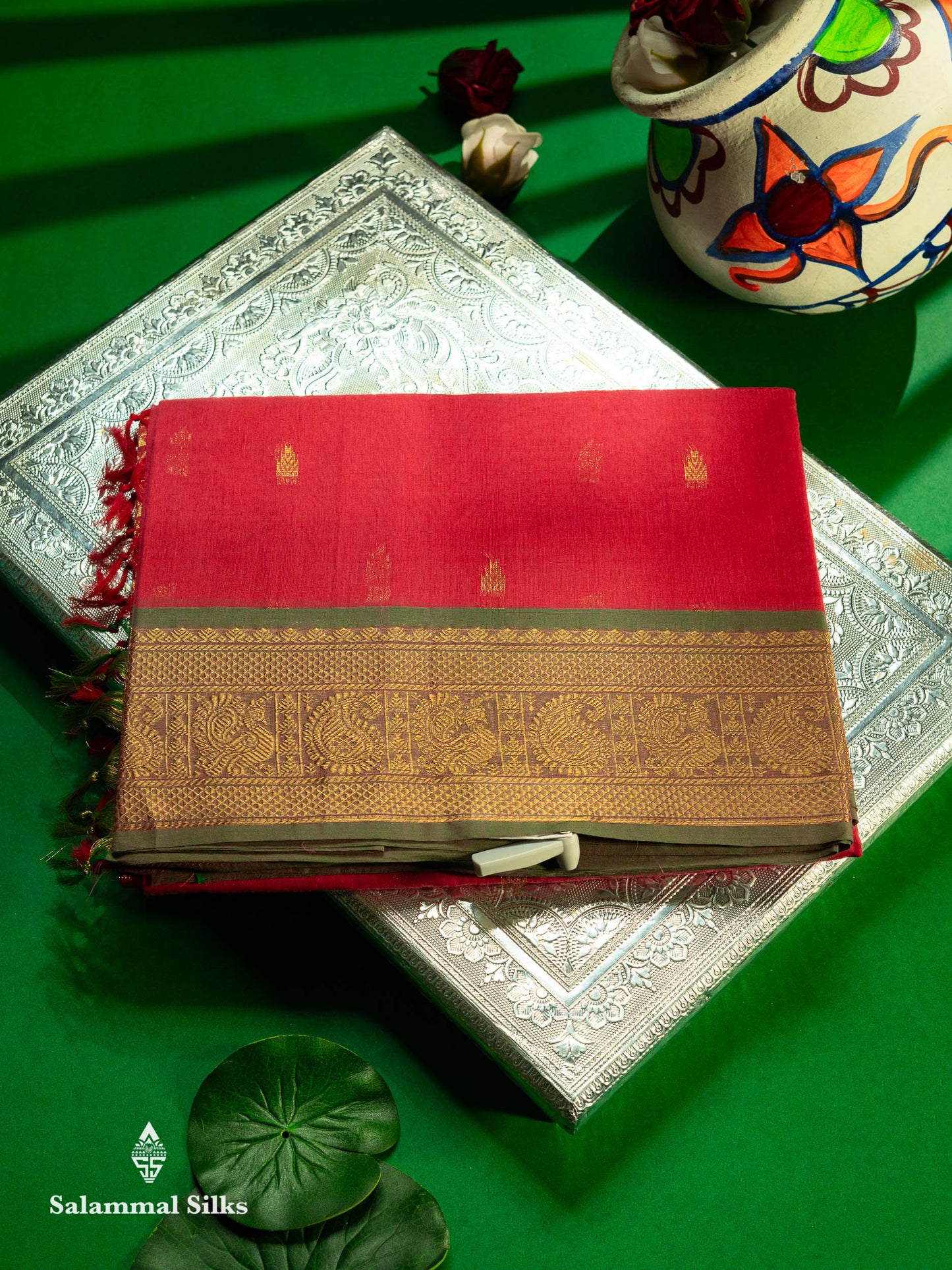 Beautiful Pink Pure Cotton Saree With Contrast Dual Tone Green Traditional Border