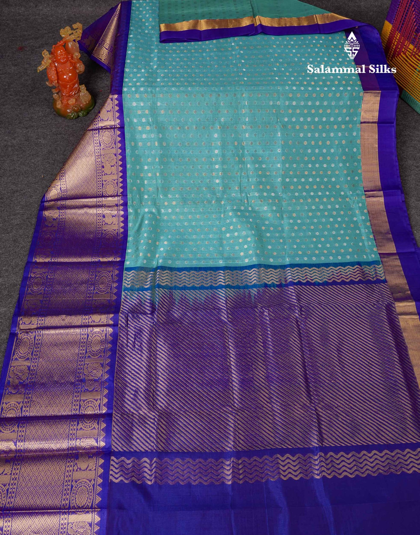 Beautiful Sapphire Blue Silver & Gold Zari Buttas Pure Silk Cotton Saree With Contrast Royal Blue Traditional Evening Morning Border