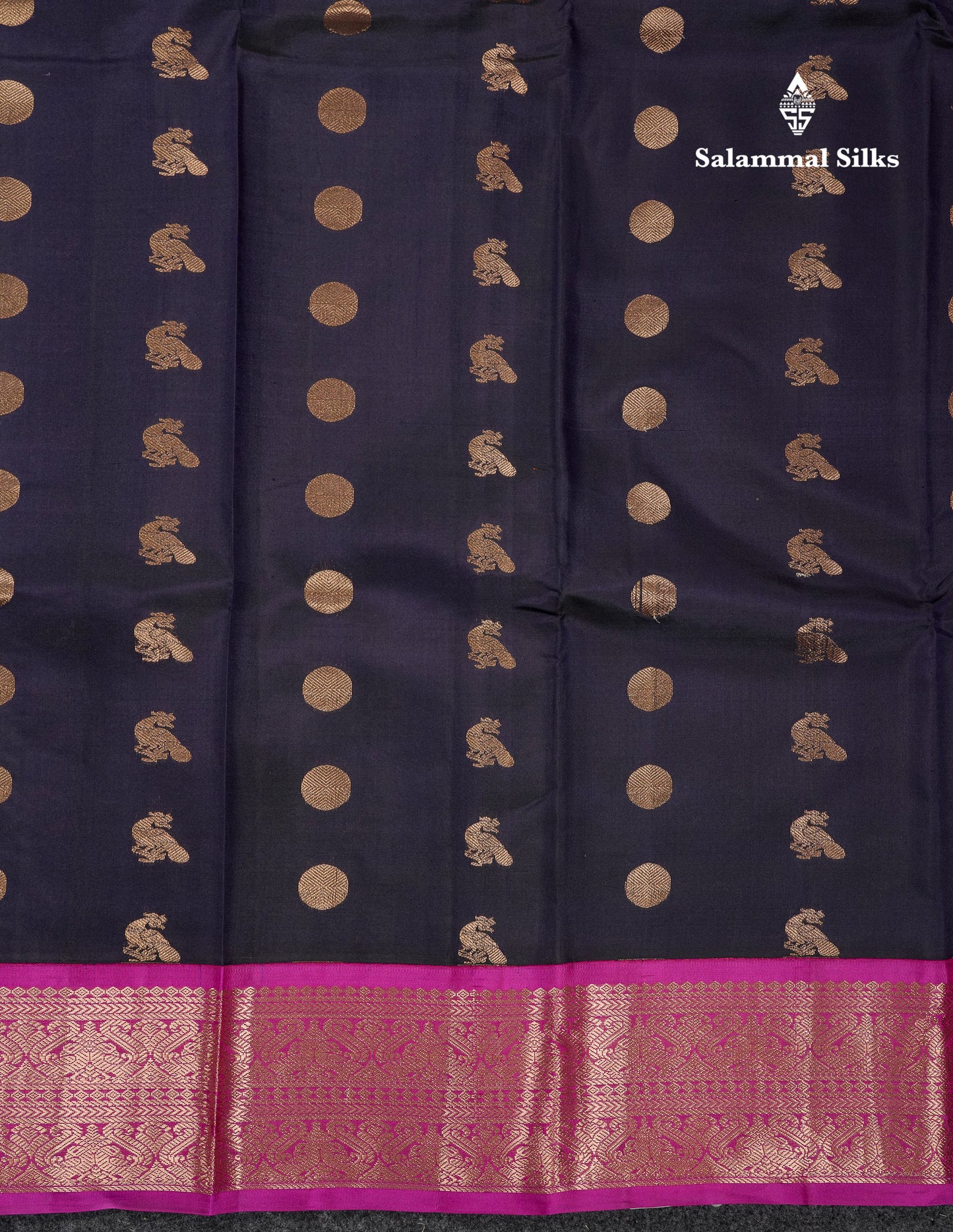 Beautiful Dark Navy Blue Pure Kanjivaram Silk Saree With Contrast Purple Traditional Border