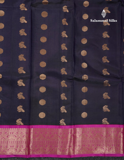 Beautiful Dark Navy Blue Pure Kanjivaram Silk Saree With Contrast Purple Traditional Border