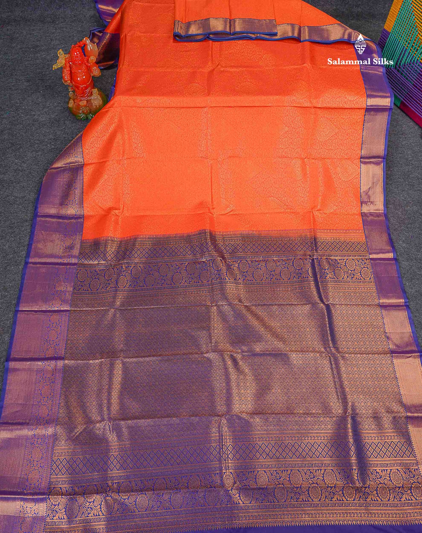 Bridal Semi Silk Saree - Orange Colour Body With Contrast Dual Tone Navy Blue Evening Morning Border 