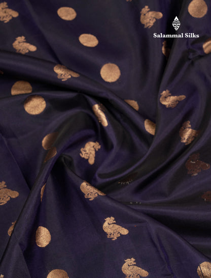 Beautiful Dark Navy Blue Pure Kanjivaram Silk Saree With Contrast Purple Traditional Border