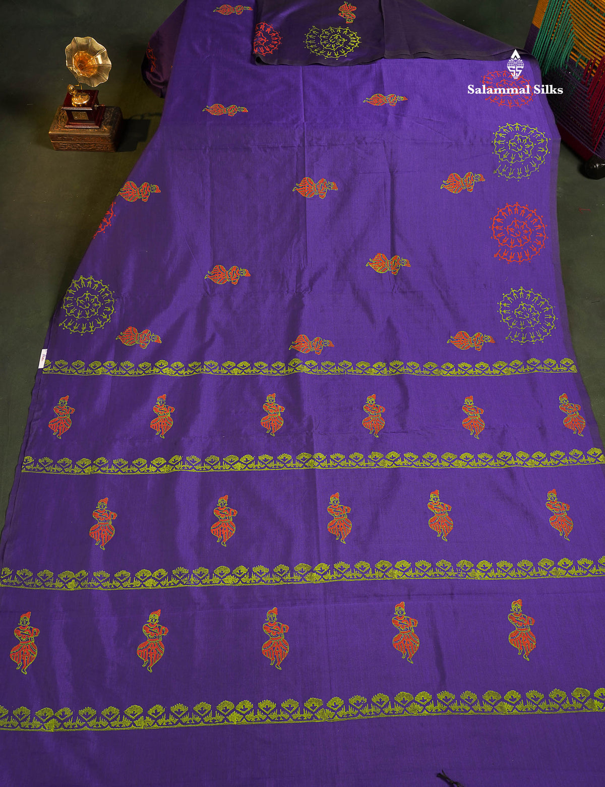 South Cotton Saree - Violet Colour Body Printed With Contrast Parrot Green Blouse