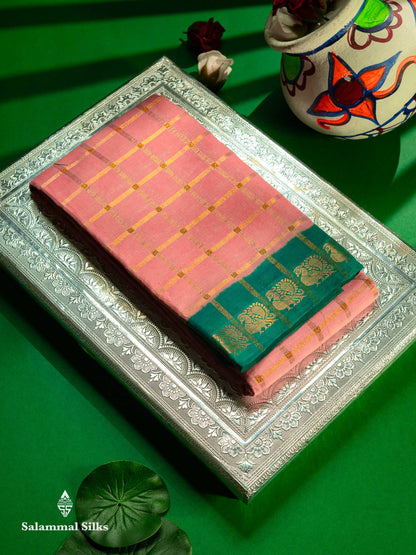 Beautiful Chilly Red Zari Checks Sungudi Cotton Saree With Contrast Light Pink Traditional Border