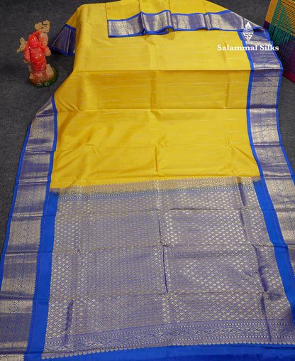 Beautiful Yellow Pure Kanjivaram Silk Saree With Contrast Royal Blue Traditional Border