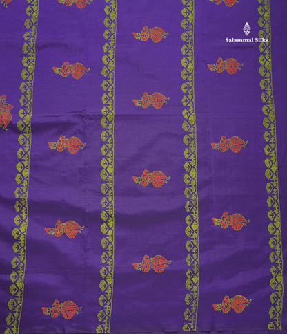South Cotton Saree - Violet Colour Body Printed With Contrast Parrot Green Blouse