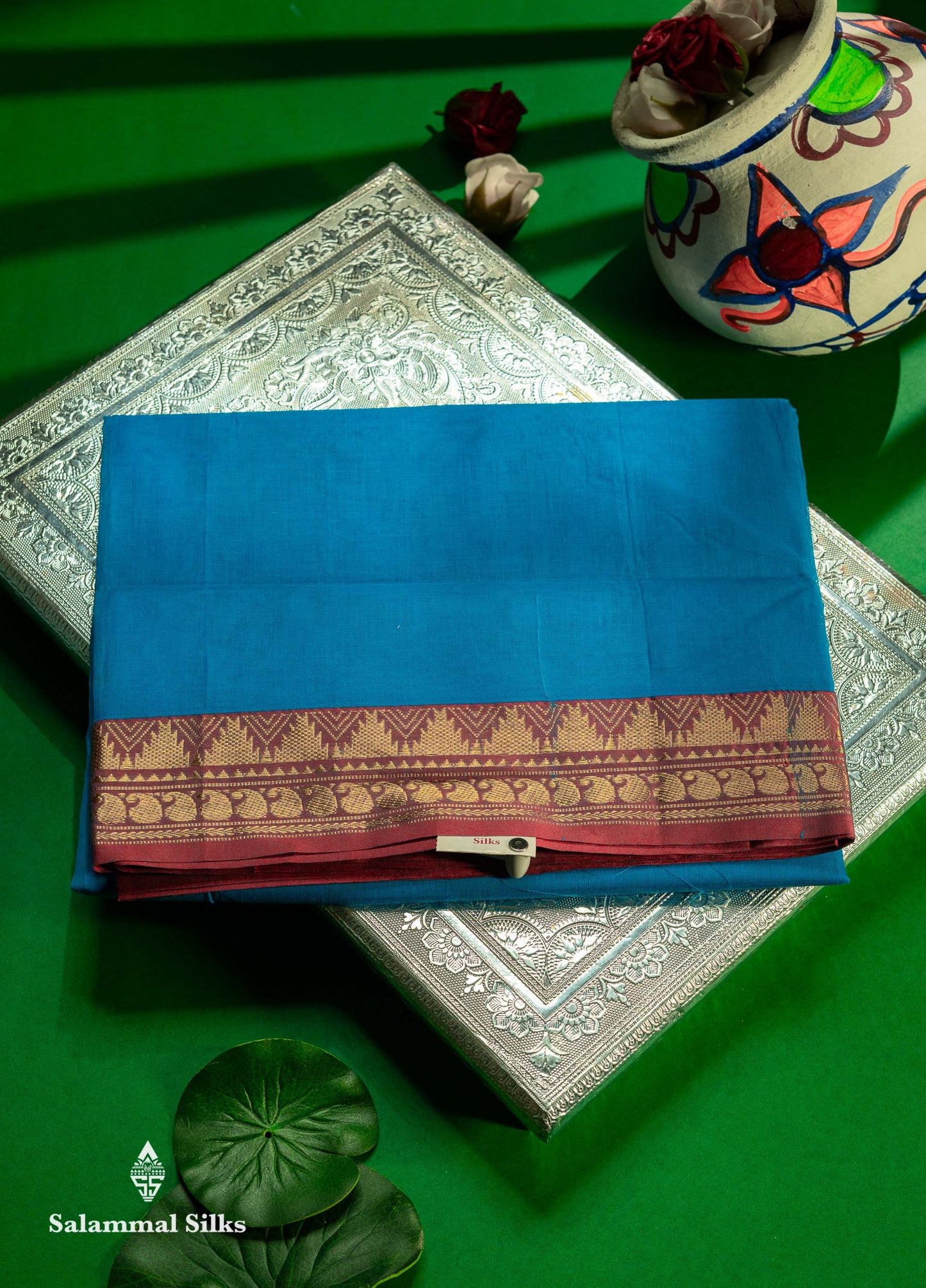 Beautiful Dual Tone Blue Plain Pure Cotton Saree With Contrast Red Traditional Border