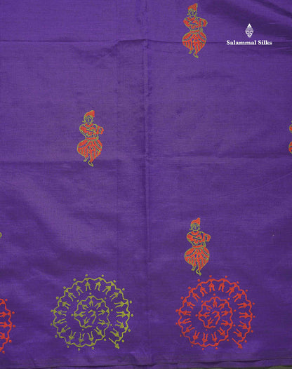 South Cotton Saree - Violet Colour Body Printed With Contrast Parrot Green Blouse