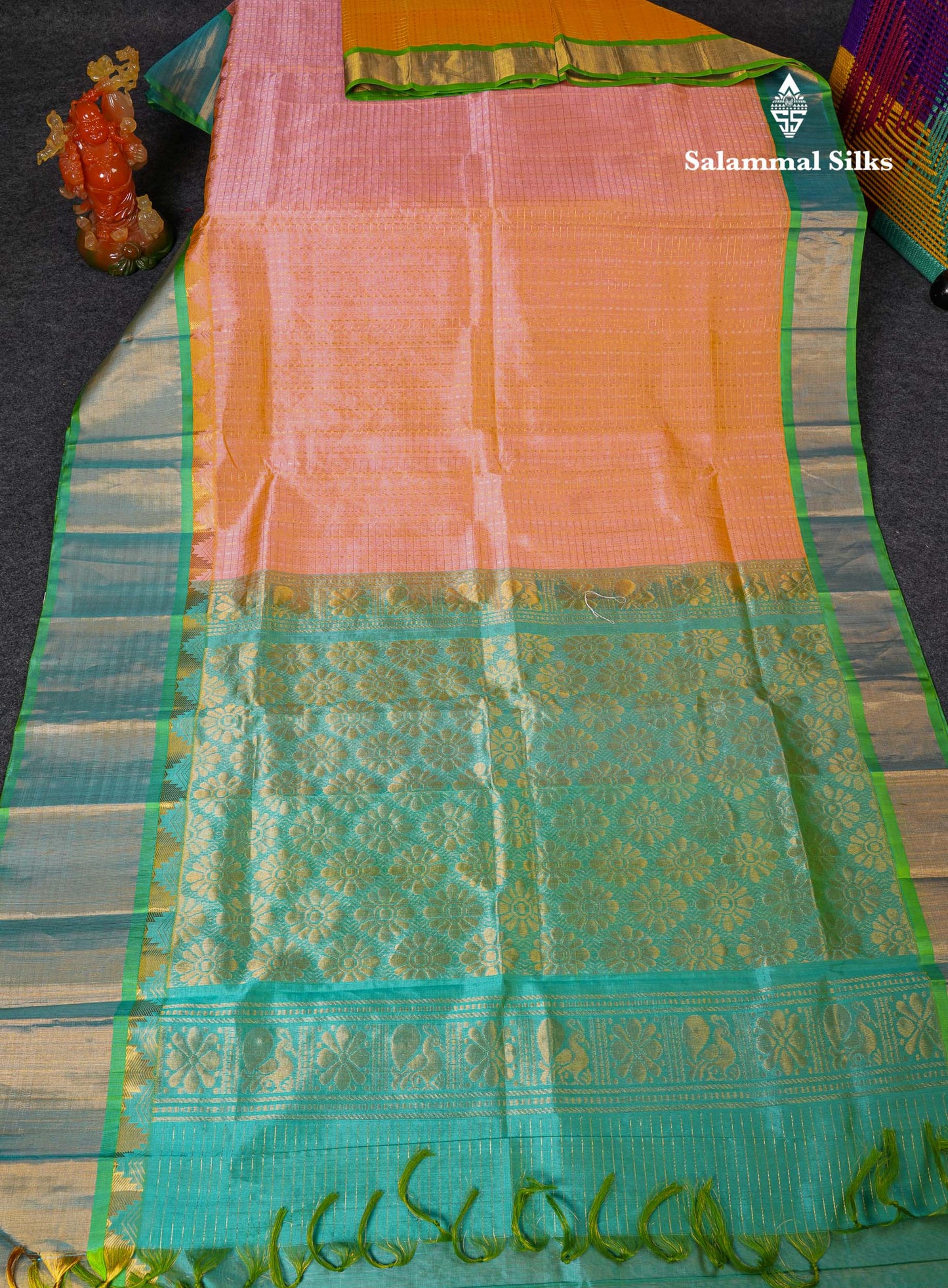 Beautiful Dual Tone Peach Small Checks With Silver & Gold Zari Buttas Pure Silk Cotton Saree With Contrast Rexona Green Traditional Evening Morning Border