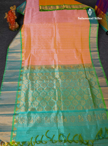 Beautiful Dual Tone Peach Small Checks With Silver & Gold Zari Buttas Pure Silk Cotton Saree With Contrast Rexona Green Traditional Evening Morning Border