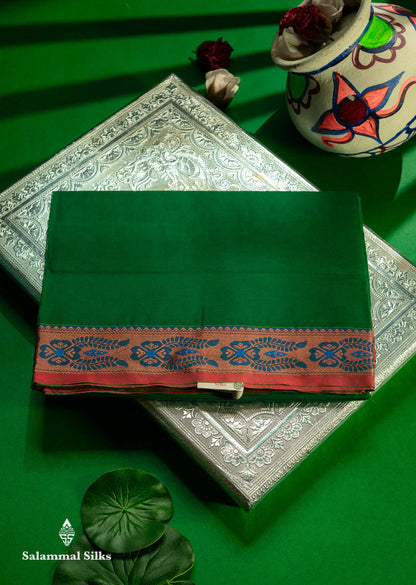 Beautiful Bottle Green Plain Pure Cotton Saree With Contrast Red Thread Work Traditional Border