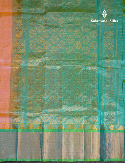 Beautiful Dual Tone Peach Small Checks With Silver & Gold Zari Buttas Pure Silk Cotton Saree With Contrast Rexona Green Traditional Evening Morning Border