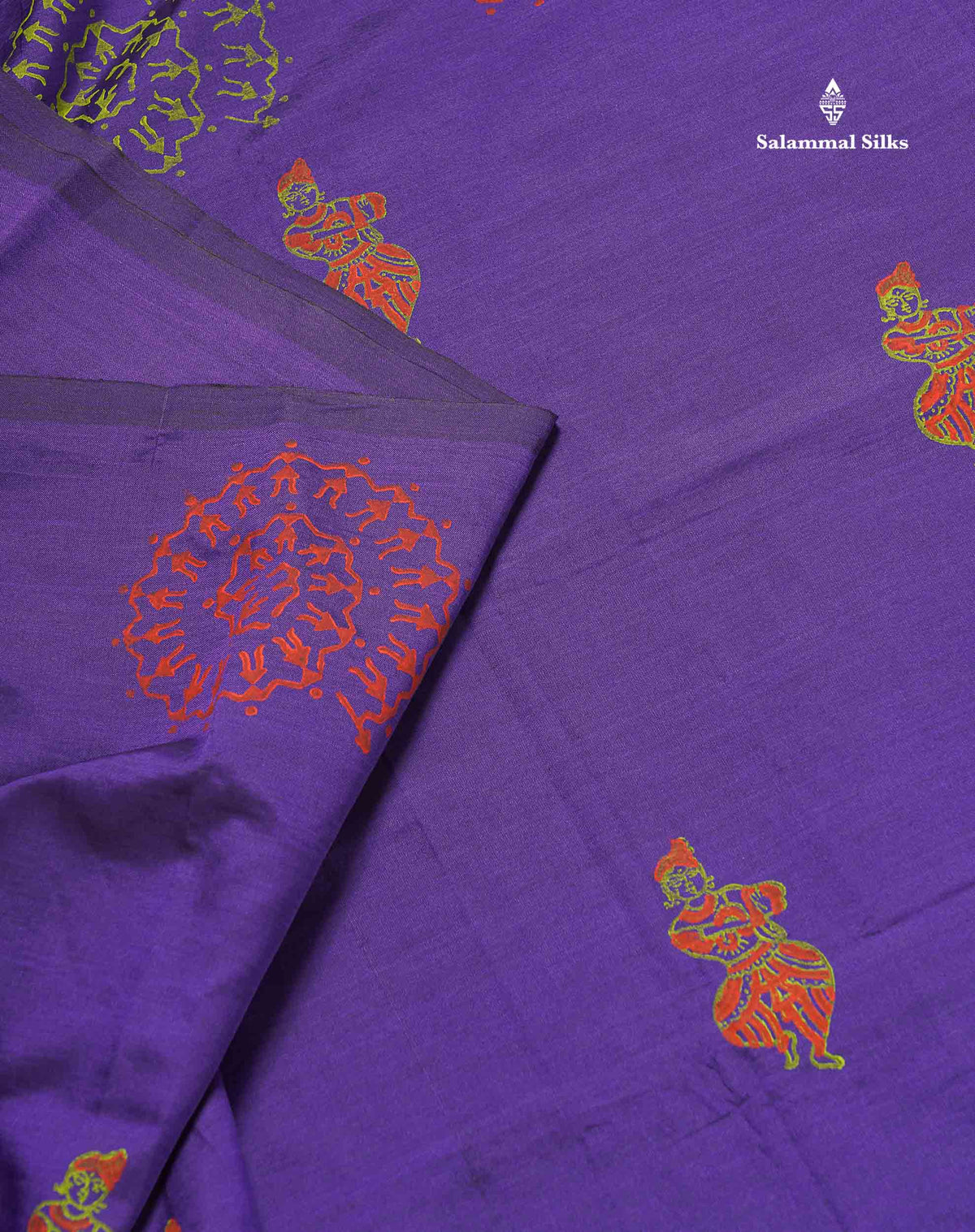 South Cotton Saree - Violet Colour Body Printed With Contrast Parrot Green Blouse