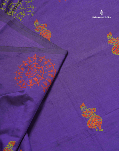 South Cotton Saree - Violet Colour Body Printed With Contrast Parrot Green Blouse
