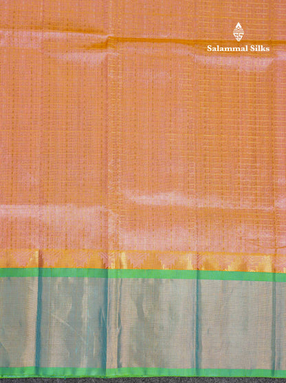 Beautiful Dual Tone Peach Small Checks With Silver & Gold Zari Buttas Pure Silk Cotton Saree With Contrast Rexona Green Traditional Evening Morning Border