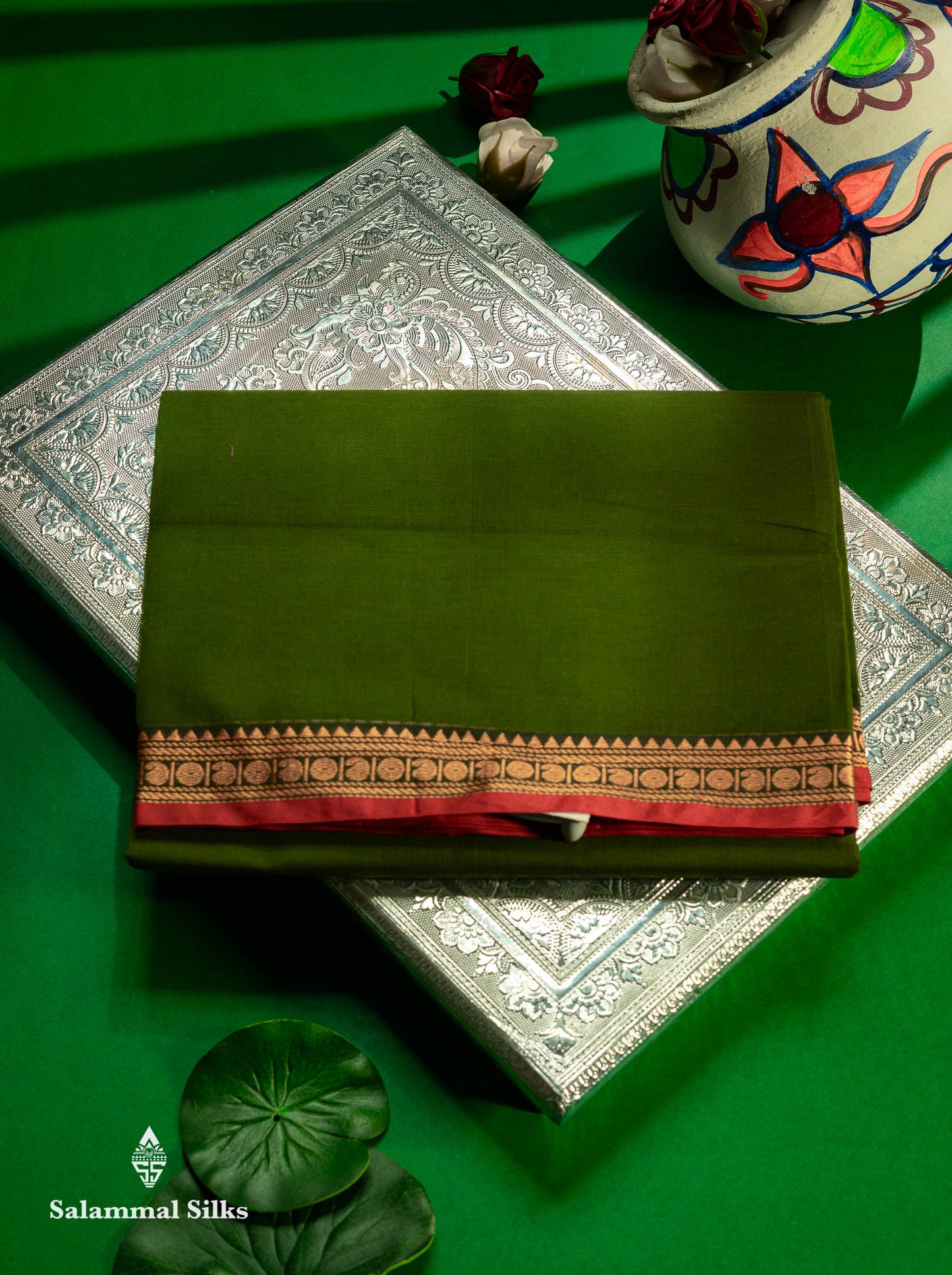 Beautiful Redish Maroon Plain Pure Cotton Saree With Contrast Dual Tone Bottle Green Thread Work Traditional Small Border