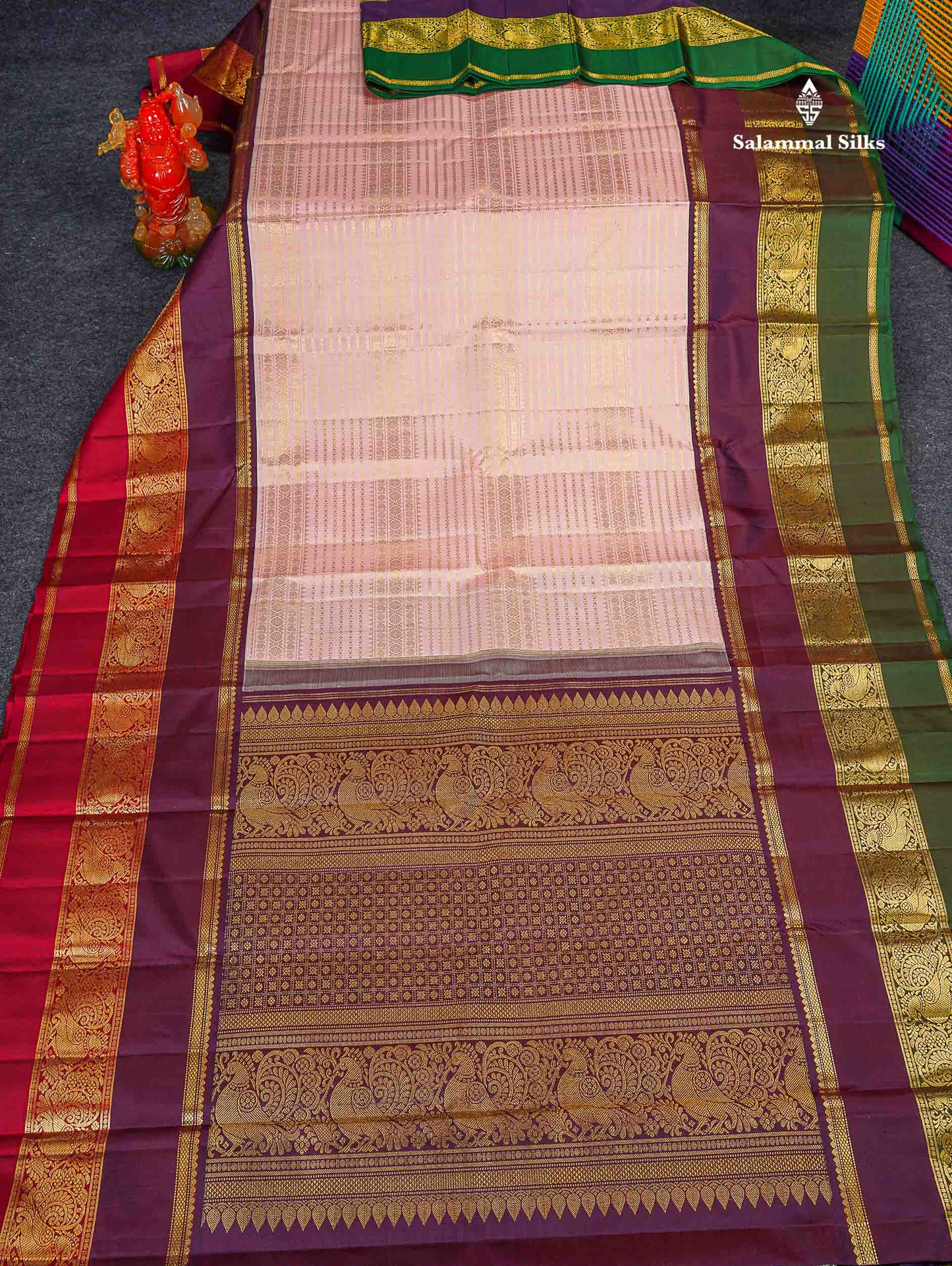 Korvai Pure Kanjivaram Silk Saree - Light Peach Colour Body With Contrast Dark Purple Traditional Ganga Jamuna Border
