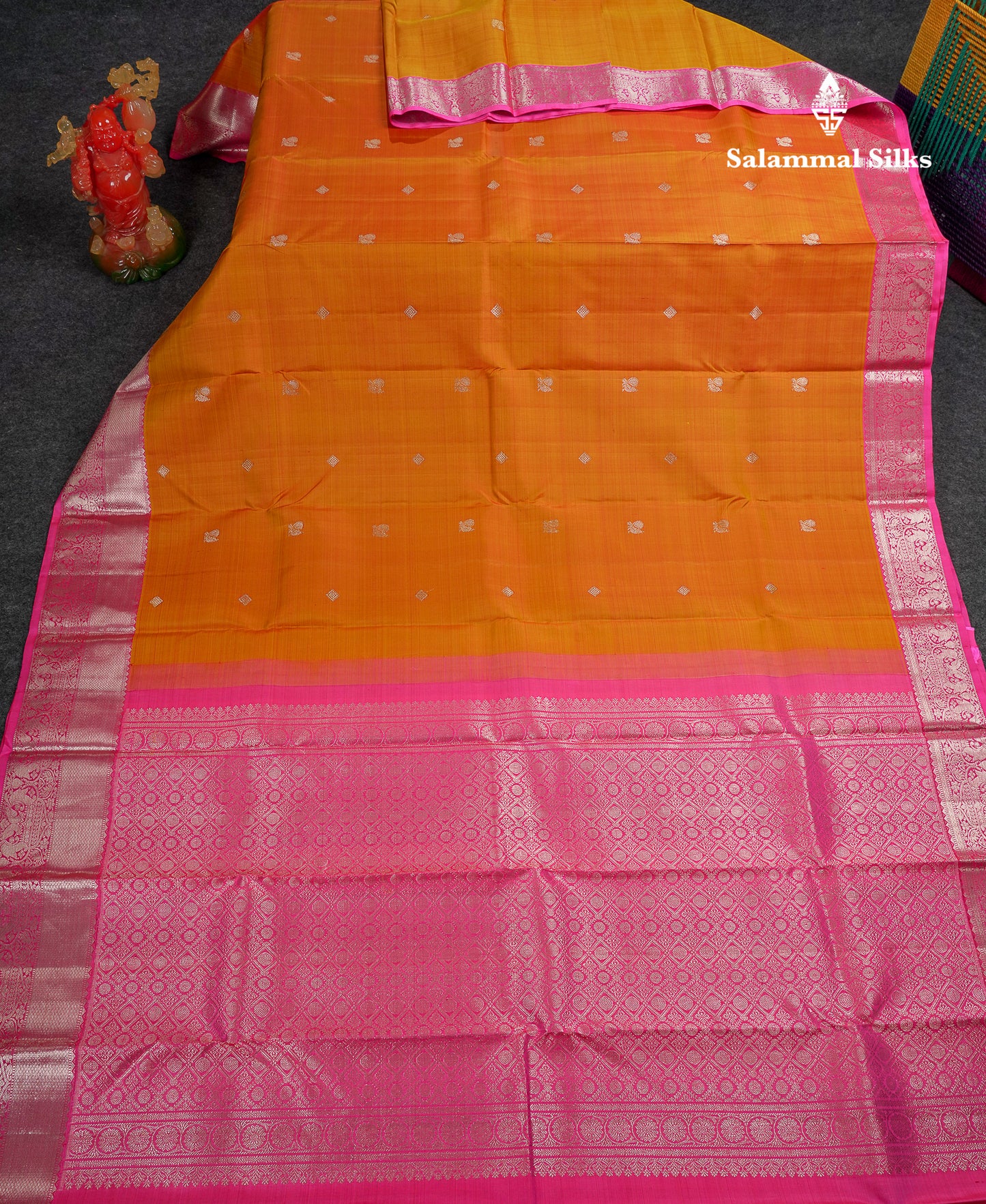 Beautiful Mustard Yellow Pure Kanjivaram Silk Saree With Contrast Pink Traditional Evening Morning Border