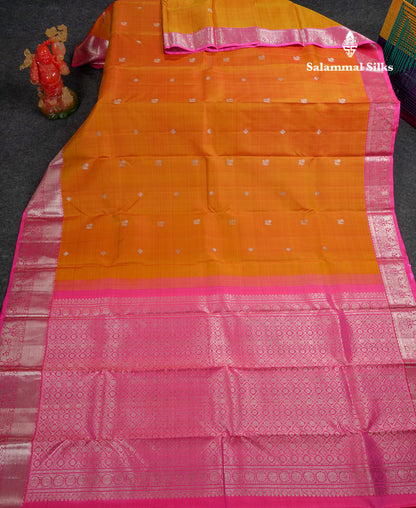 Beautiful Mustard Yellow Pure Kanjivaram Silk Saree With Contrast Pink Traditional Evening Morning Border
