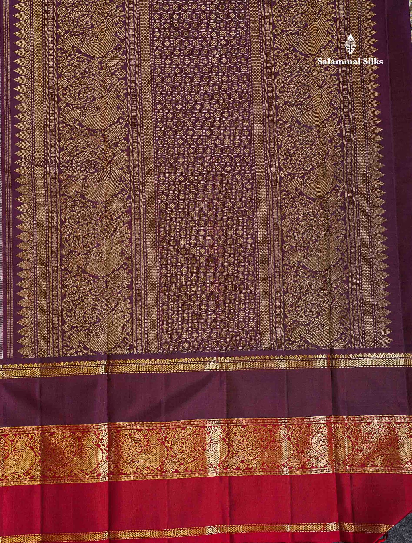 Korvai Pure Kanjivaram Silk Saree - Light Peach Colour Body With Contrast Dark Purple Traditional Ganga Jamuna Border