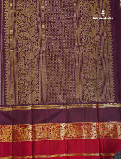 Korvai Pure Kanjivaram Silk Saree - Light Peach Colour Body With Contrast Dark Purple Traditional Ganga Jamuna Border